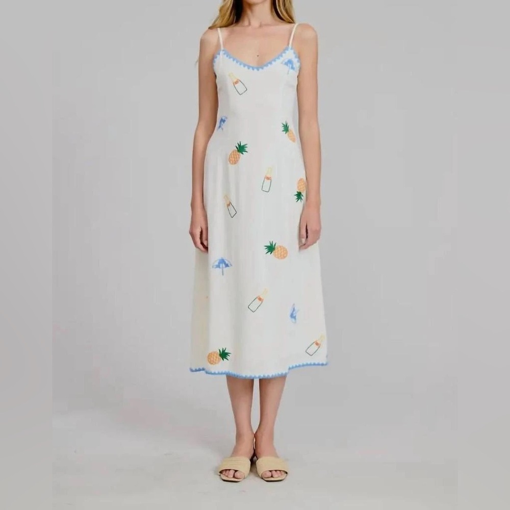 Flat White Women’s Fiona Pineapple Brunch Embroidered Midi Dress Cream Multi XS